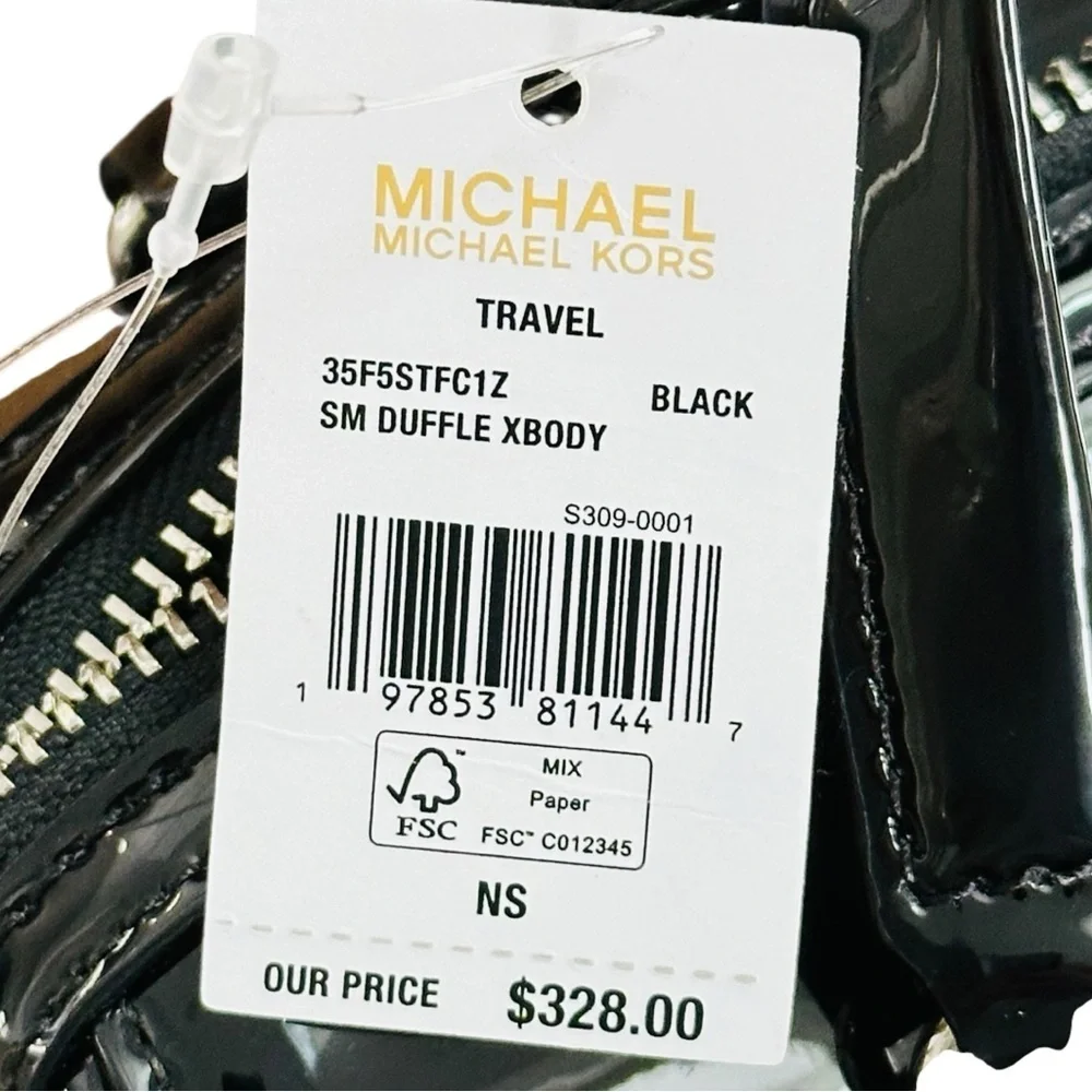 Michael Kors Jet Set small black patent duffel crossbody bag $328 NWT